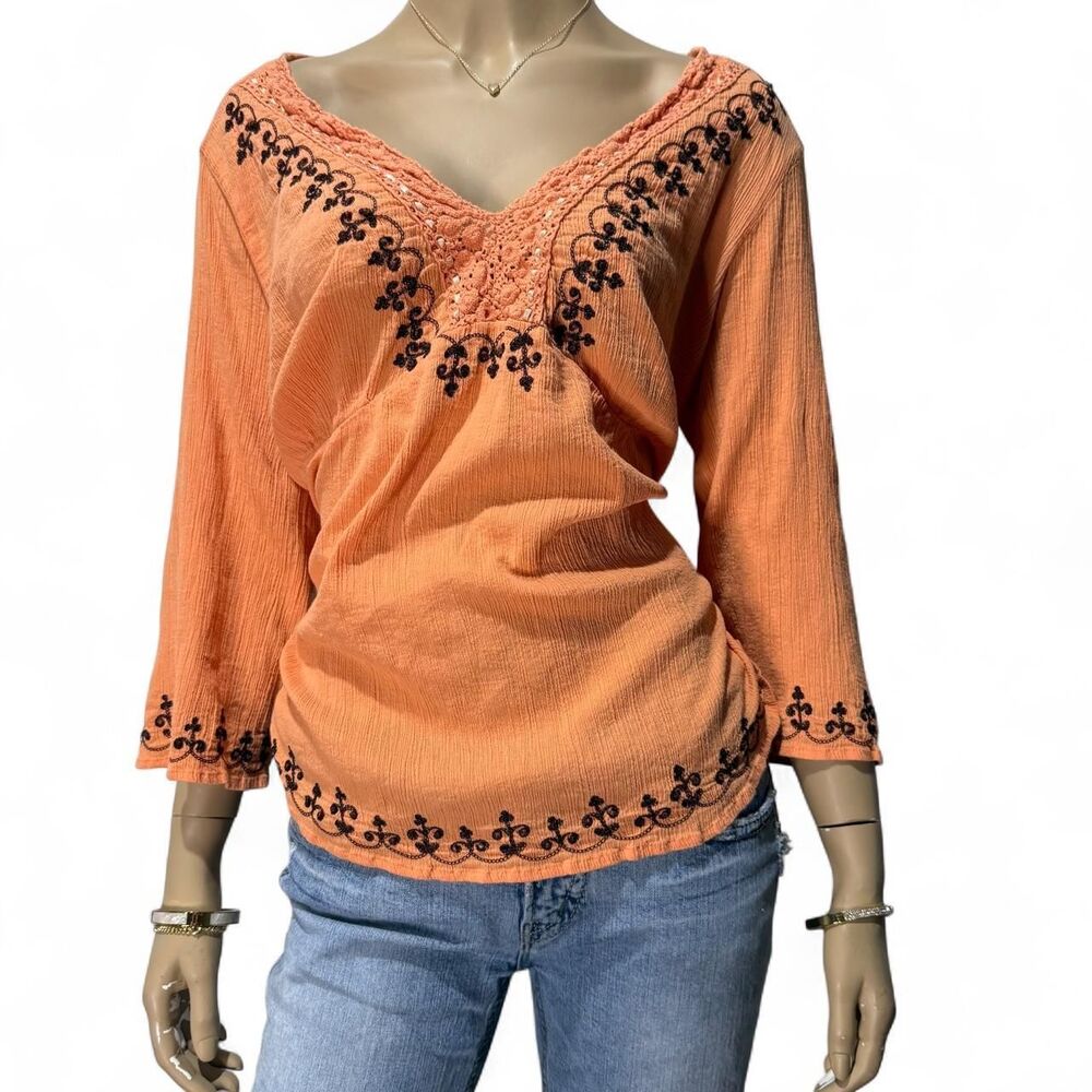 Faded Glory Women's 16W Orange Embroidered Blouse Boho Y2K Crochet Gauze Top